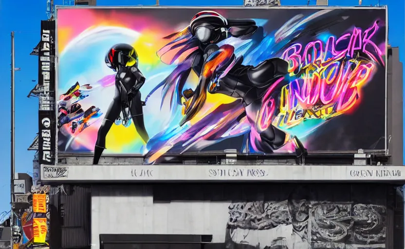 Image similar to billboard advertisement with an extremely beautiful photo of a black marble statue of an anime girl with colorful motocross logos and motorcycle helmet with closed visor, colorful smoke in the background, carved marble statue, fine art, neon genesis evangelion, virgil abloh, offwhite, denoise, highly detailed, 8 k, hyperreal