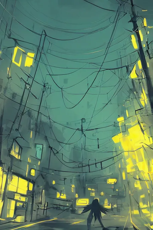 Image similar to teal and yellow colors. Utility poles in style of cytus and deemo, mysterious vibes, set in half-life 2, beautiful with eerie vibes, very inspirational, very stylish, surrealistic, perfect digital art, mystical journey in strange world, bastion game