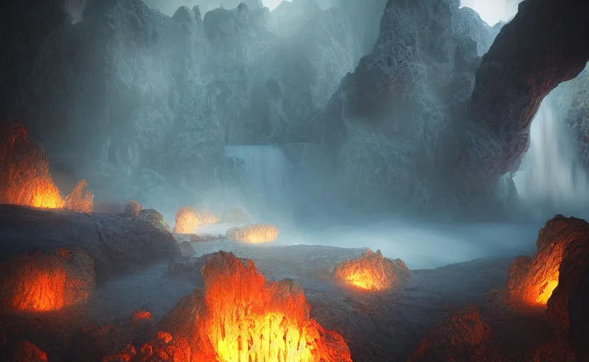 Prompt: a beautiful and stunning professional digital artwork of a glowing infernal cave, haze, smoke floating in the air, waterfall, volumetric lighting, hyperrealistic, rtx on, ultra detail