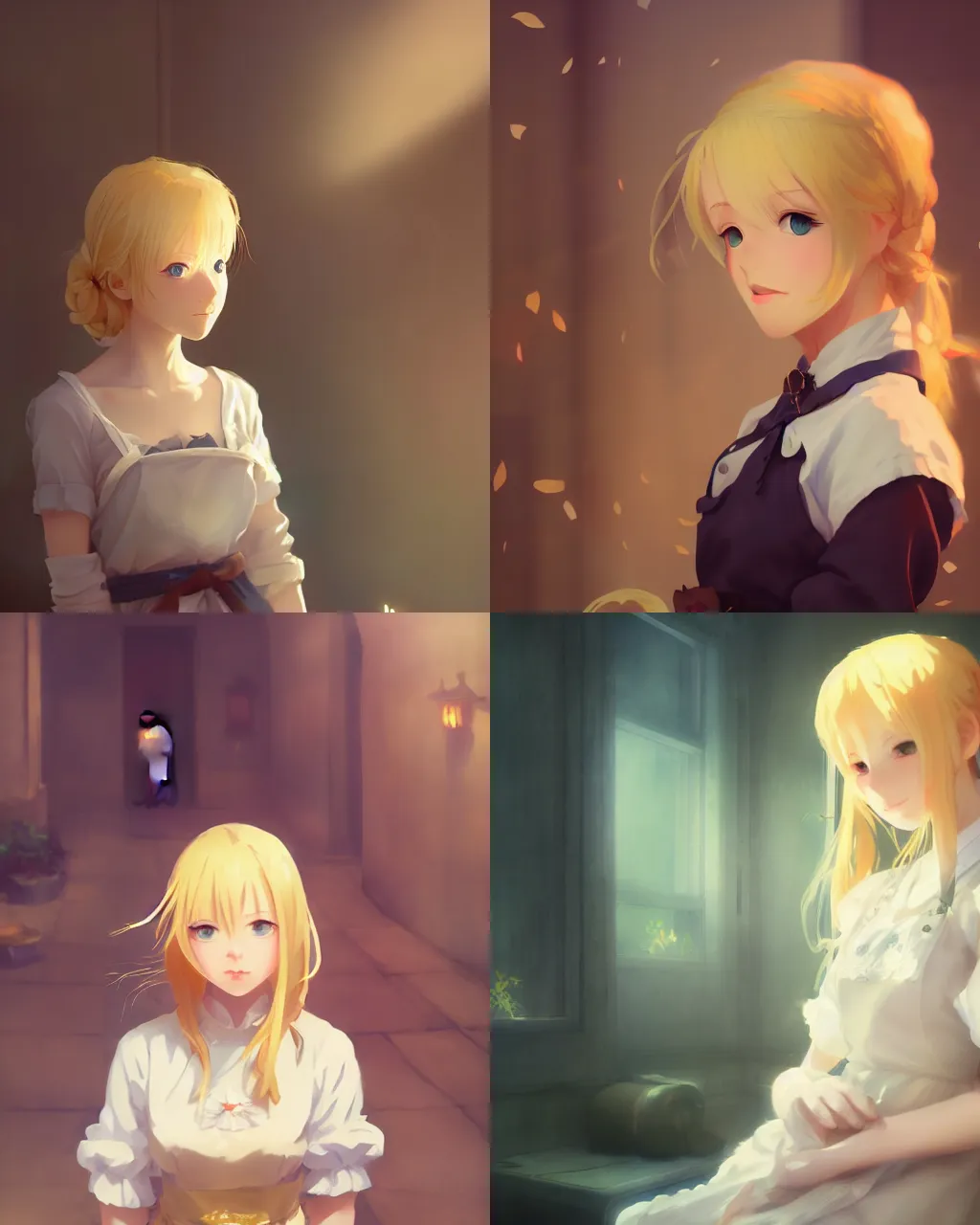 Prompt: girl with blonde hair and maid outfit, a beautiful portrait, tone mapped, ambient lighting, art by hidari and makoto shinkai and wenjun lin