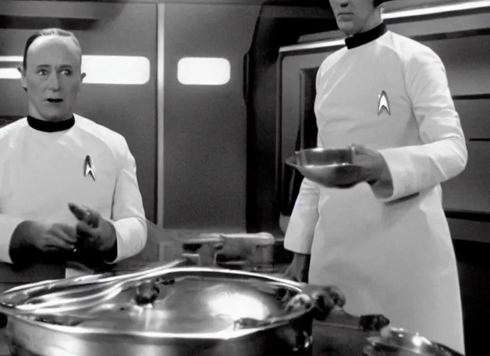 Prompt: film still of Data working as a short order cook in Star Trek the Next Generation