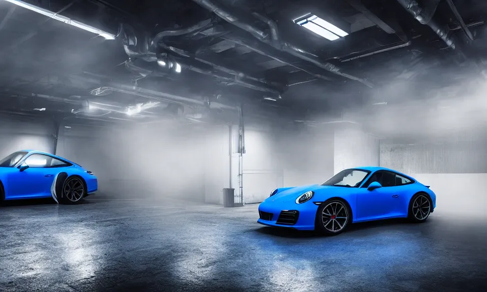 Image similar to photograph of a blue porsche 911 standing in a garage, centered, mist, volumetric light, cinematic lighting, octane render, 4k, ultra realistic, reflections, cinematic