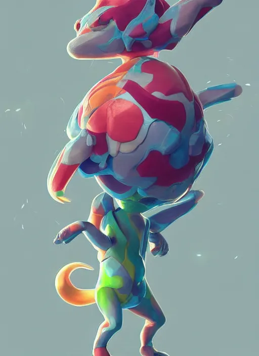 Image similar to colourful caricature - 3 d vfx art - of a pokemon, art style by james jean & hsiao - ron cheng, character concept art, unreal engine render, digital illustration, sharp, intricate detail, volumetric light, ray tracing, soft light, symmetric, pinterest, artstation, behance,