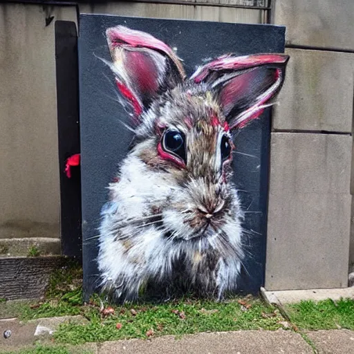 Prompt: street art of a bunny, bordalo ii artstyle, messy