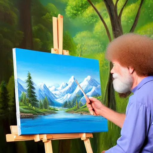 Image similar to a closeup photorealistic photograph of bob ross working on a canvas painting of mickey mouse. film still. brightly lit scene. mountains and trees. this 4 k hd image is trending on artstation, featured on behance, well - rendered, extra crisp, features intricate detail, epic composition and the style of unreal engine.