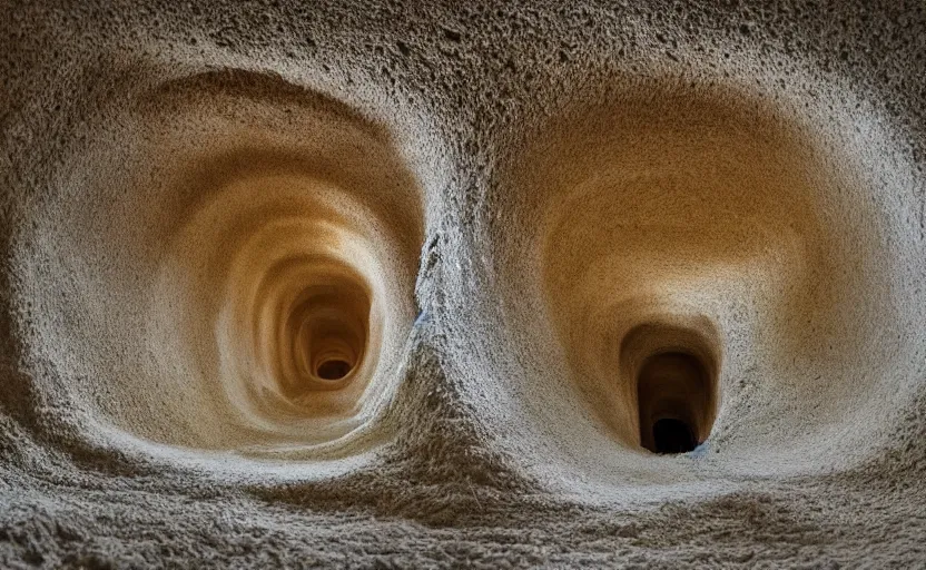 Image similar to hyper liminal photo, sponge with many tunnels inside each hole, tunnels lead to different worlds, surreal, detailed, high definition, mysterious, wide shot, surrealist depiction of a normal sponge,