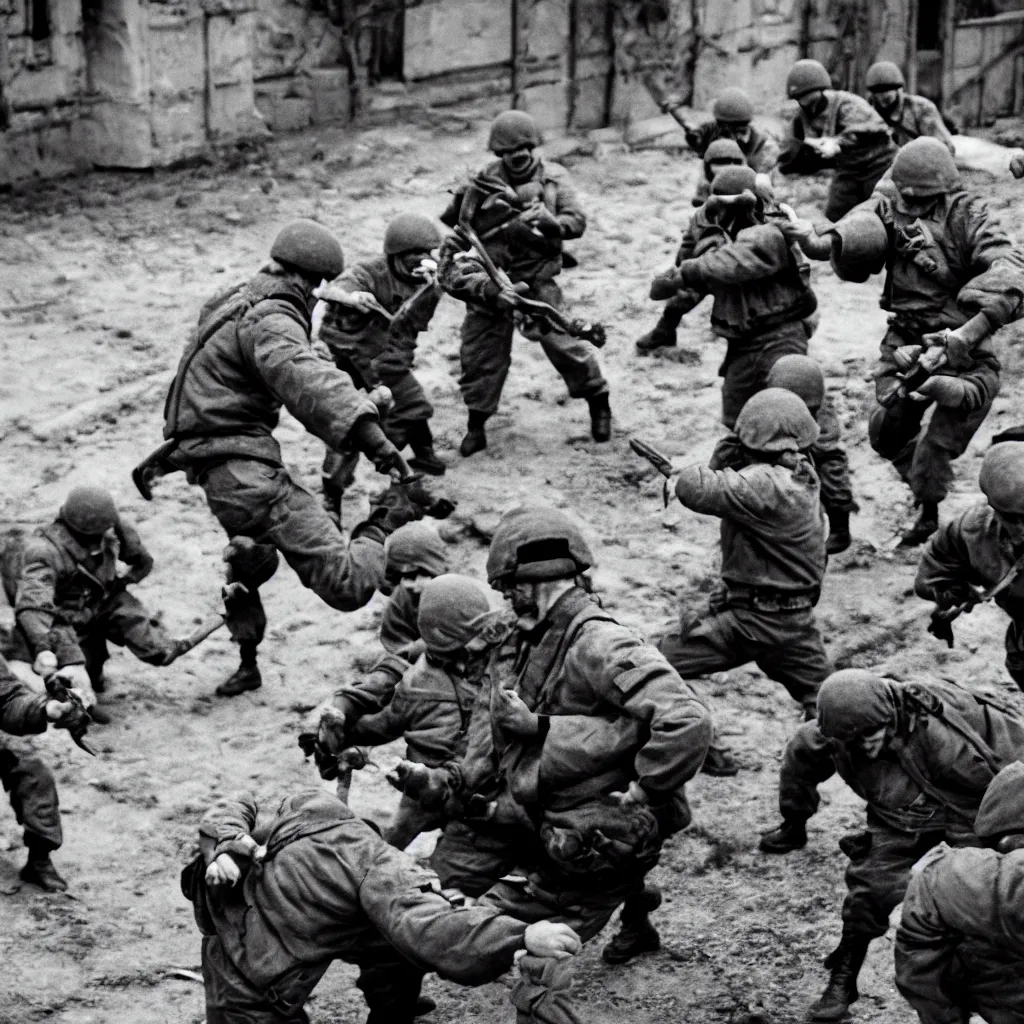 Prompt: soviet spetsnaz soldiers throwing potatoes, black and white, retro, very detailed, 4 k, professional photography
