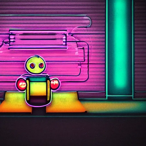 Image similar to vintage phto of a fat robot sitting alone in a streetbench, diezelpunk, cyberpunk, stray, neon lights