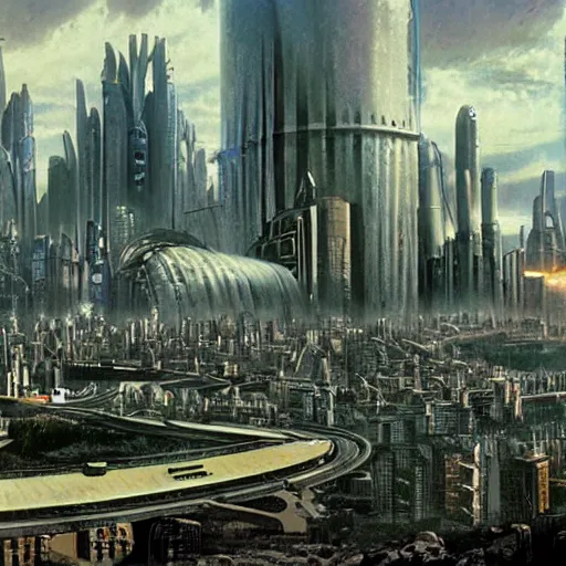 Image similar to terminus city, foundation, asimov, science fiction, cinematic matte painting