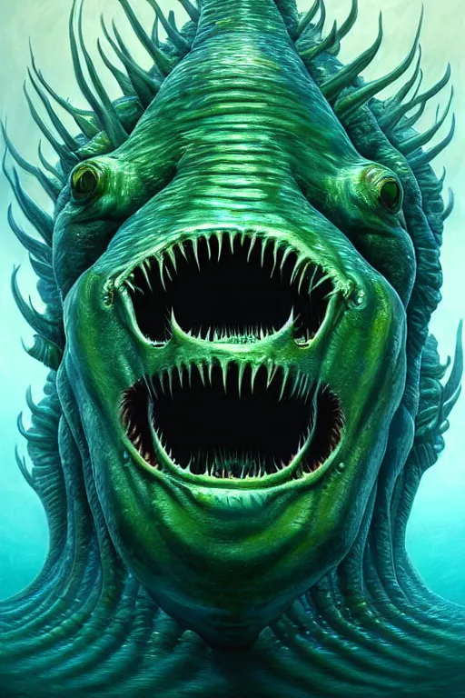 Image similar to hyperrealistic close-up surrealism underwater creature monster!! highly detailed concept art eric zener elson peter cinematic hard green lighting high angle hd 8k sharp shallow depth of field, inspired by David Paul Cronenberg and Zdzisław Beksiński