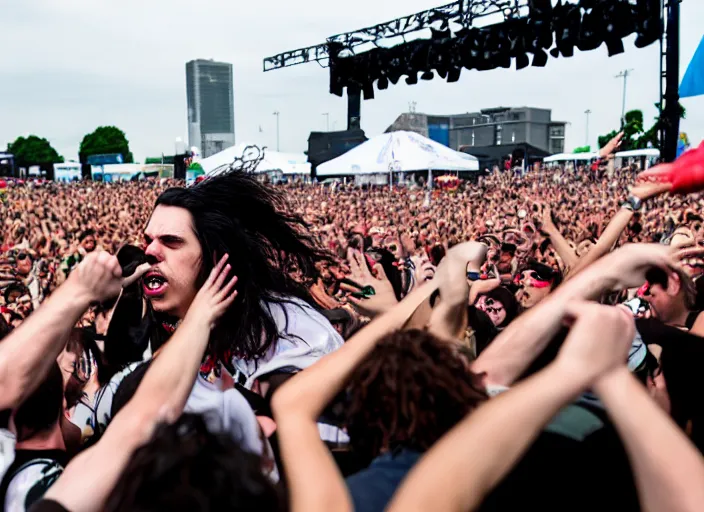 Image similar to photo still of andrew wk at the vans warped tour!!!!!!!! at age 3 6 years old 3 6 years of age!!!!!!!! stage diving into the crowd, 8 k, 8 5 mm f 1. 8, studio lighting, rim light, right side key light