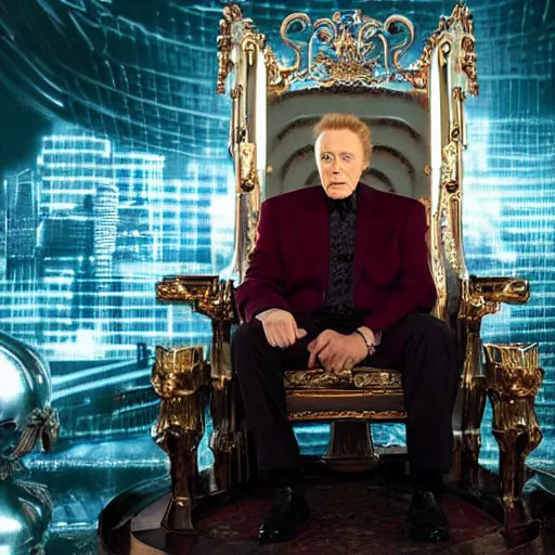 Image similar to elderly Christopher Walken as a menacing regal futuristic emperor seated on an ostentatious cyberpunk throne, cinematic lighting, backlit glow