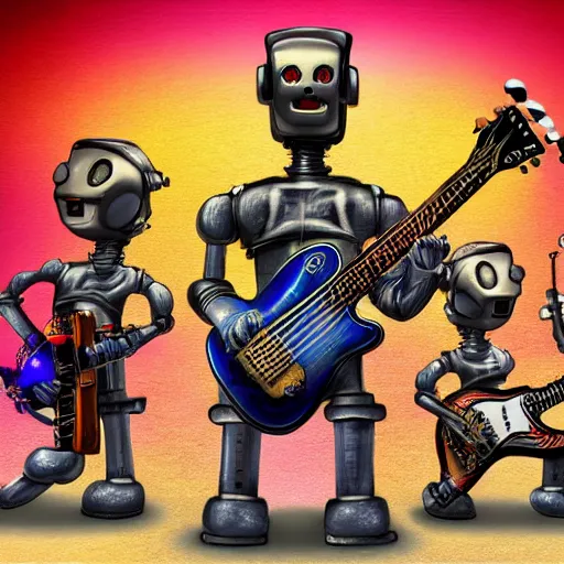 Image similar to album art, robos rock, rockband with 3 steampunk robots playing guitar and drums, r. o. b. o. s. r. o. c. k., 8 k, flourescent colors, halluzinogenic, multicolored, exaggerated detailed, front shot, 3 d render, octane