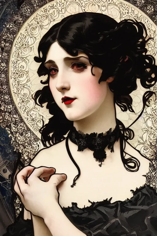 Prompt: A close-up portrait of a cute goth girl wearing a frilly black dress by Alphonse Mucha, black intricate hair, black lace choker, art nouveau card, wlop, trending on artstation, 8k