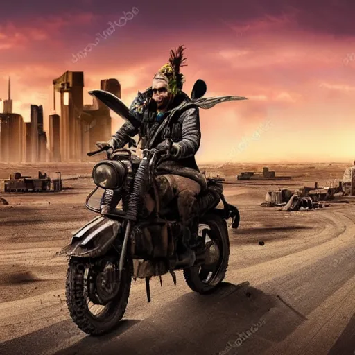 Image similar to Post Apocalyptic scavenger riding a motorcycle in a large desert with a damaged city in the background