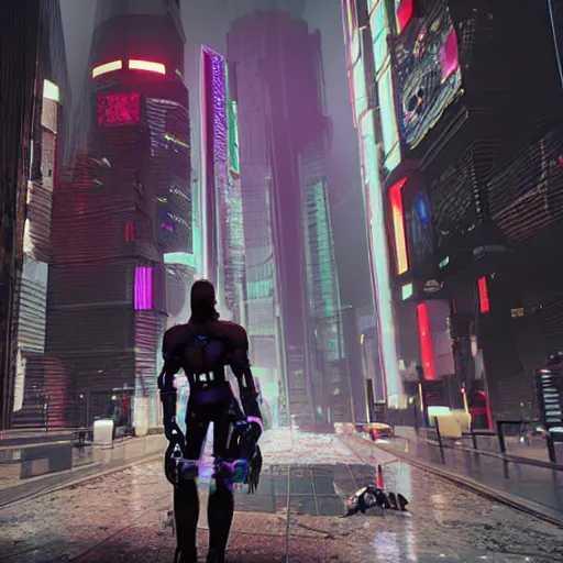 Prompt: cyberpunk style, robots and humans, scary, unreal engine