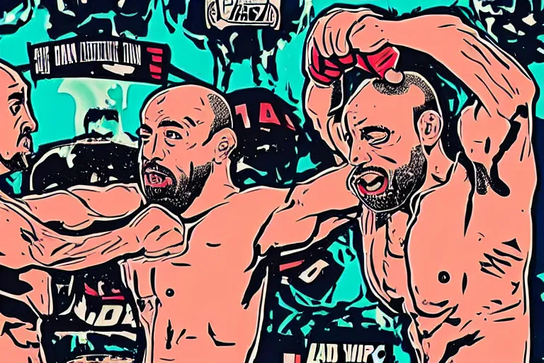 Image similar to Sam Hyde fighting Joe Rogan in the UFC octagon, Mike Judge art style, 90's mtv illustration, clean linework