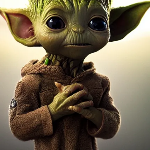 Image similar to photo realistic image of a baby groot hold baby yoda, stunning 3 d render inspired art by istvan sandorfi and greg rutkowski, perfect facial symmetry, realistic, highly detailed attributes and atmosphere, dim volumetric cinematic lighting,