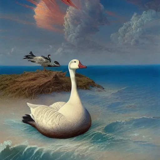 Prompt: beautiful painting of a goose on a island in the middle of the sea, beautiful artwork, intricate artwork by tooth wu, greg rutkowksi and beksinski, 4 k