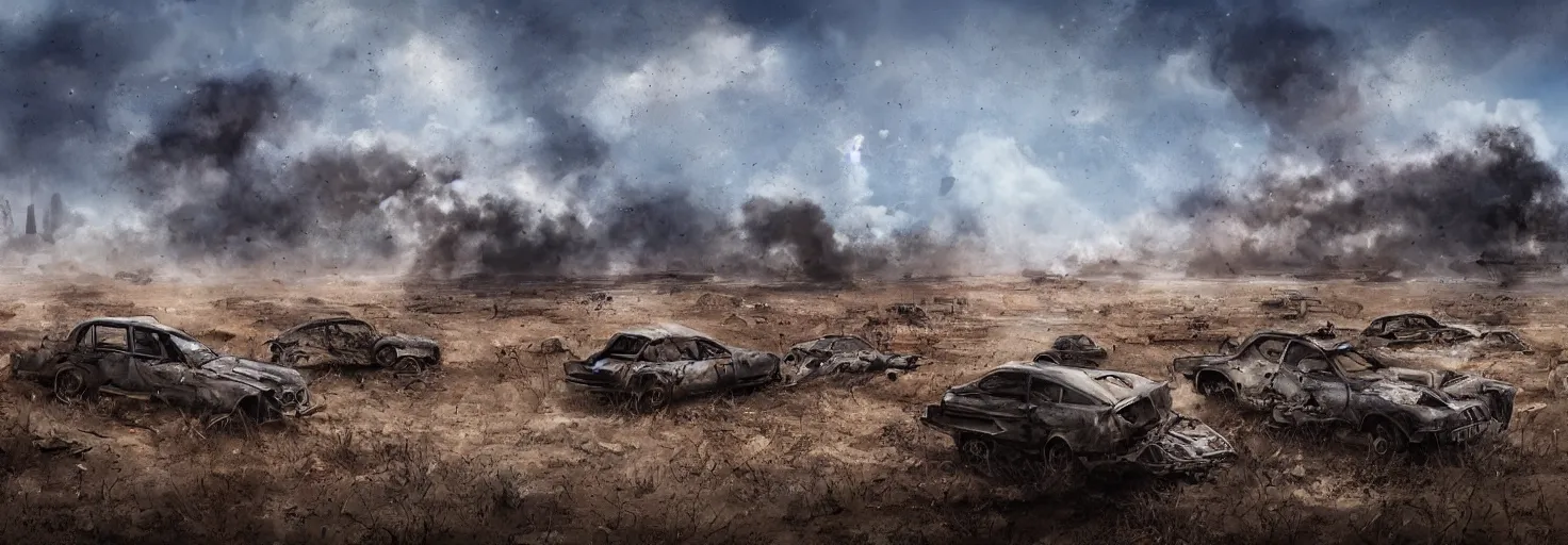 Image similar to wastelands by day, detailed ground, blue sky, smoke, end of war, vehicle wrecks, as seen by the artist, digital artist, simple composition