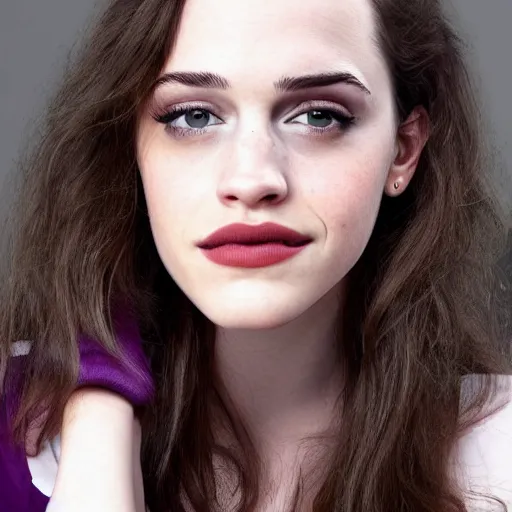 Prompt: a woman who is a genetic combination of kat dennings and emma watson face and upper - body focus