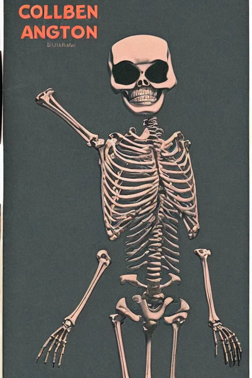 Prompt: 1970 book cover, cyborg skeleton, anaglyph,