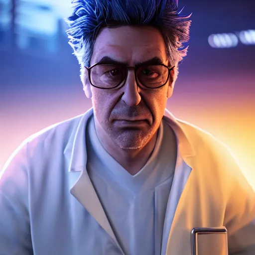 Image similar to portrait of rick sanchez, lab coat, lens flare, atmosphere, glow, detailed, intricate, full of colour, cinematic lighting, trending on artstation, 4 k, hyperrealistic, focused, extreme details, unreal engine 5, cinematic, masterpiece