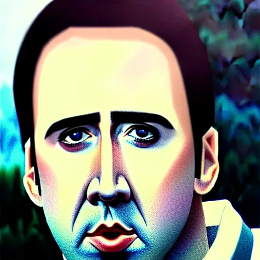 Prompt: close up a beautiful face of Nicolas Cage portrait, 20 years old in a scenic environment by Ilya Kuvshinov