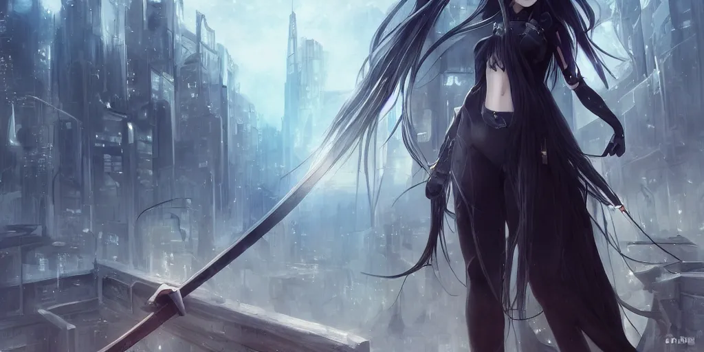 Prompt: girl with long black hair and a long black sword in front of a sci fi cityscape, ryohei fuke, makoto shinkai, detailed, cinematic, ultra - wide angle, dark sepia toned shading, luminescent eyes, detailed face, blue fire, trending on artstation, artgerm, wlop.