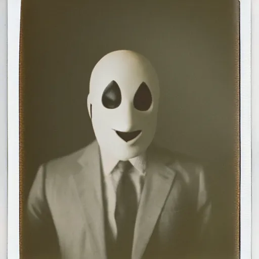 Image similar to a Polaroid photo of a man in a suit wearing a Venetian Pierrot mask