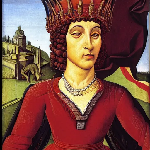 Image similar to portrait of an anthropomorphic tyrannosaurus rex, dressed as an italian queen, sandro bottecelli, 1 5 0 0