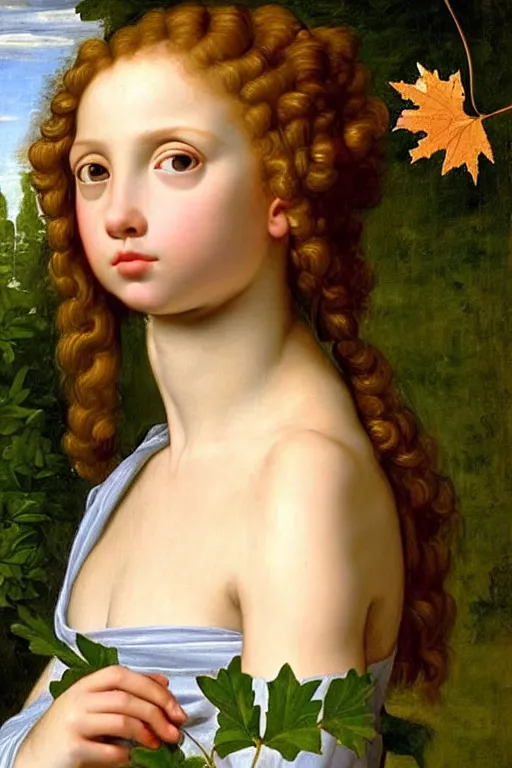 Image similar to renaissance painting of young girl in the garden, closeup, curly long hair, face closeup, emotions closeup, dressed in roman armour, the beautiful garden with maple leaves everywhere, ultra detailed, art by guido reni style, vincenzo catena style