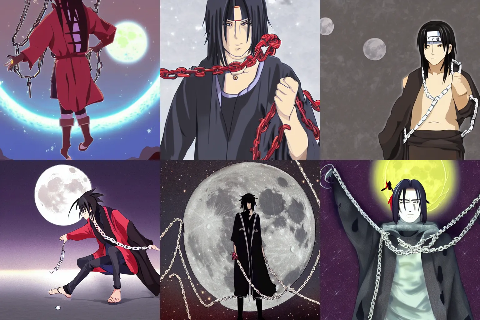 Prompt: '2D graphic design , itachi with chains , staying on bodies full moon background wallpaper style '