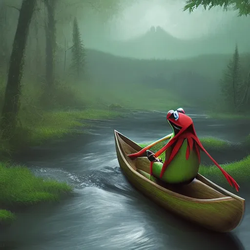 Image similar to Kermit the Frog riding a canoe down a stream, dark spooky forest in the backround surrounding him, hyperdetailed, artstation, cgsociety, 8k