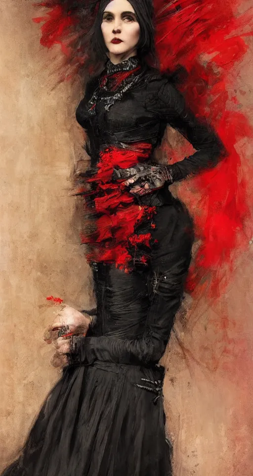 Image similar to one person only. One head only. Long flowing dress. Solomon Joseph Solomon and Richard Schmid and Jeremy Lipking victorian genre painting portrait painting of a young beautiful woman punk rock goth with punk rock haircut in fantasy costume, red background