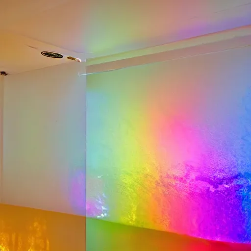 Image similar to an ultra high definition professional studio quality photograph of a transparent iridescent perspex pastel coloured rain sculpture on white coat hook in an empty white room. dramatic lighting, ray tracing, refraction, shallow d. o. f, colour corrected, golden ratio, three point light. volumetric shadows. god rays.