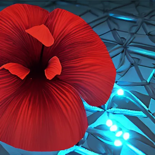 Prompt: a hibiscus flower, cybernetic, made of metal, shiny, glowing, unreal engine