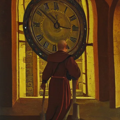 Prompt: medieval monk maintaining an enormous, complex, mechanical clock, oil painting, warm lighting