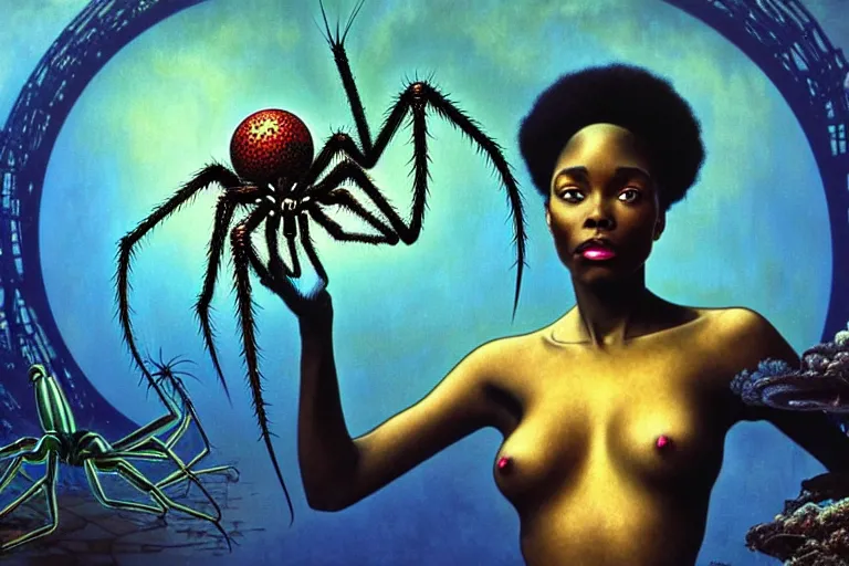 Image similar to realistic detailed photorealistic film portrait shot of a beautiful black woman with a giant spider, sci - fi city landscape background by amano, yves tanguy, alphonse mucha, ernst haeckel, max ernst, andrei tarkovsky, edward robert hughes, roger dean, necklace, dynamic pose, rich moody colours, wide angle, blue eyes