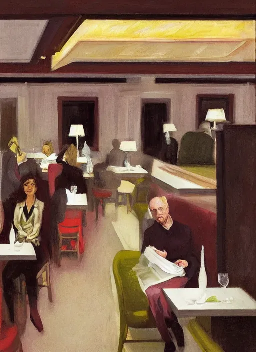 Image similar to Anthony Hopkins reading newspaper at the restaurant packed with women that look like Gal Gadot in the style of Francis Bacon and Frank Lloyd Wright, art deco interior, skylight open ceiling, highly detailed, painted by Edward Hopper, painted by James Gilleard