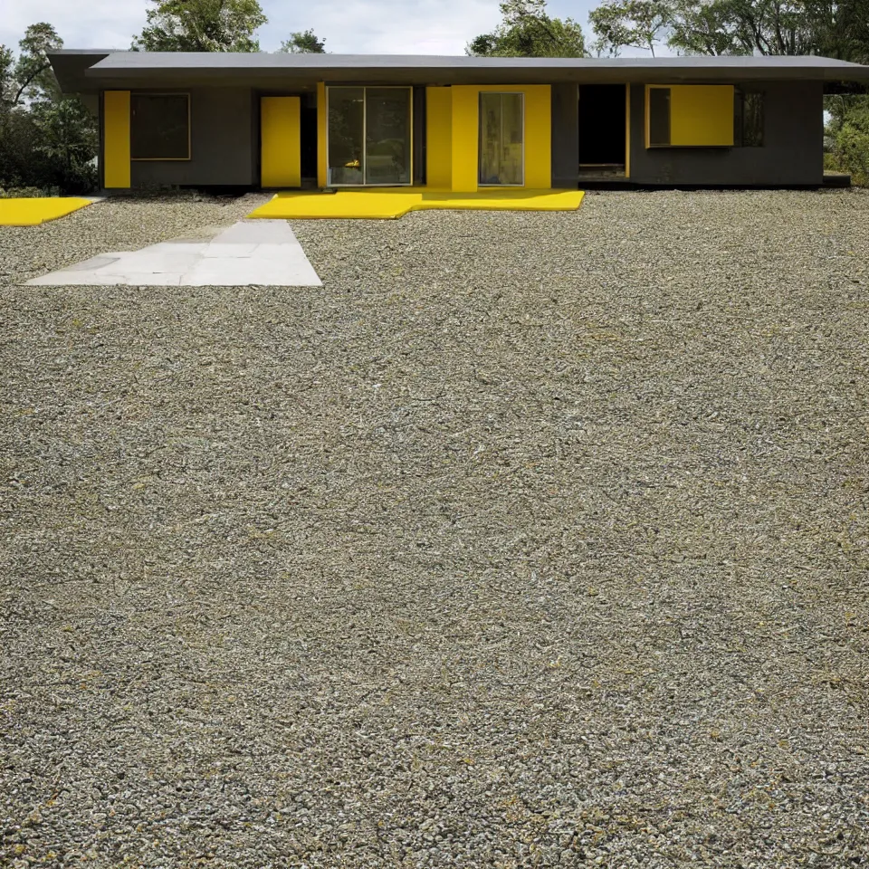 Image similar to a flat leveled bungalow designed by Frank Gehry. Tiles. Gravel driveway. Film grain, cinematic, yellow hue