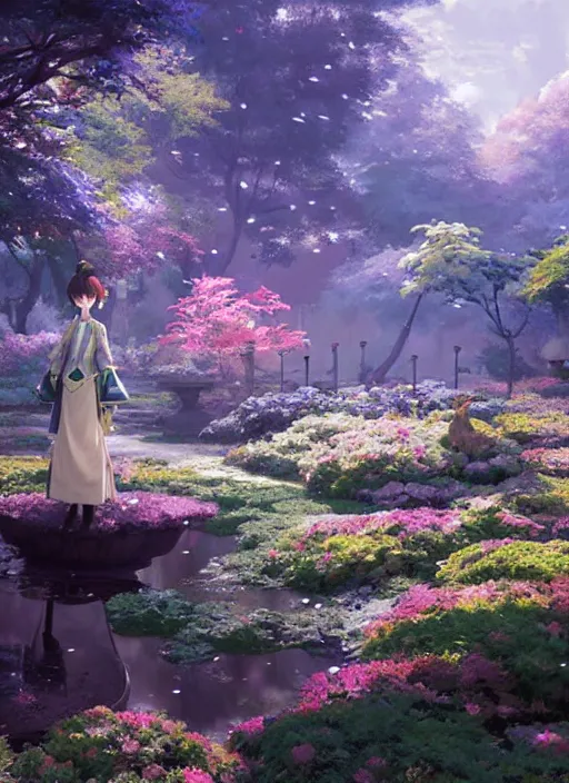 Image similar to genshin impact character klee in an enchanted garden, digital illustration, by makoto shinkai and ruan jia