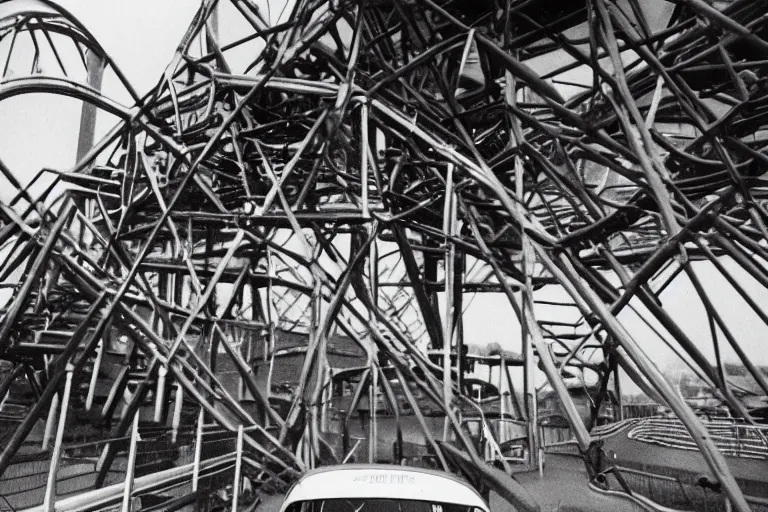 Prompt: a 1 9 6 6 pontiac gto driving on shivering timbers rollercoaster, first - person perspective, fujifilm quicksnap 4 0 0 photography