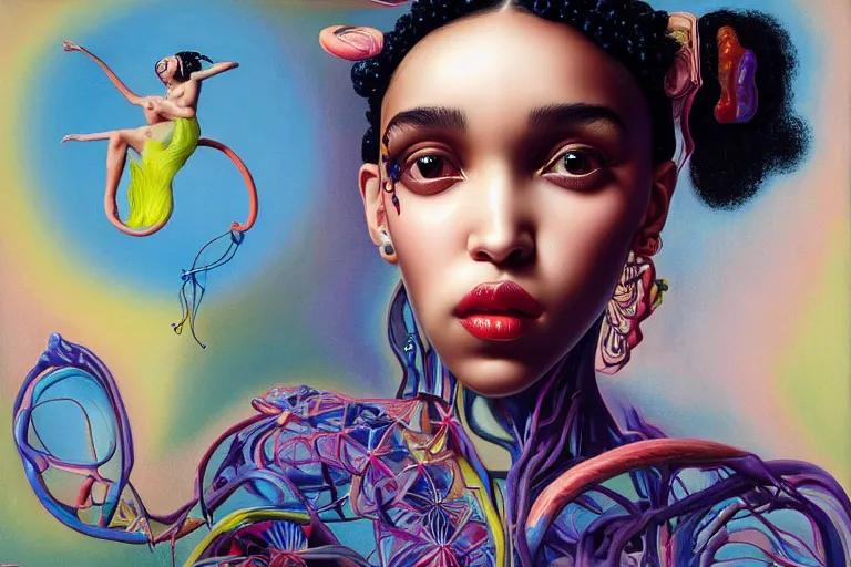 Prompt: portrait of fka twigs by james jean and salvador dali and shusei nagaoka, oil on canvas, exquisitely intricate details, surrealism, neoclassicism, renaissance, hyper realistic, ultra detailed, cell shaded, 8 k