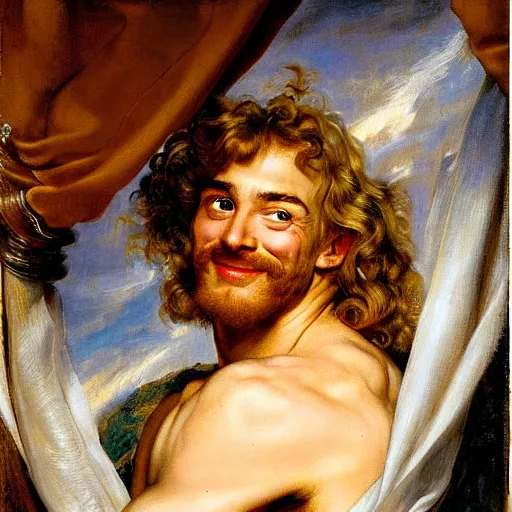 Prompt: beautiful portrait painting of He-Man with long curly blond hair, delicate young man wearing an open poet shirt smiling sleepily at the viewer, symmetrically parted curtain bangs, in love by Peter Paul Rubens and Norman Rockwell