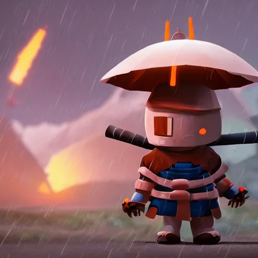 Image similar to A marshmallow samurai on the anchient village in the risk of rain 2 style, very coherent symmetrical artwork, cinematic, hyper realism, high detail, octane render, unreal engine, 8k, trending on artstation