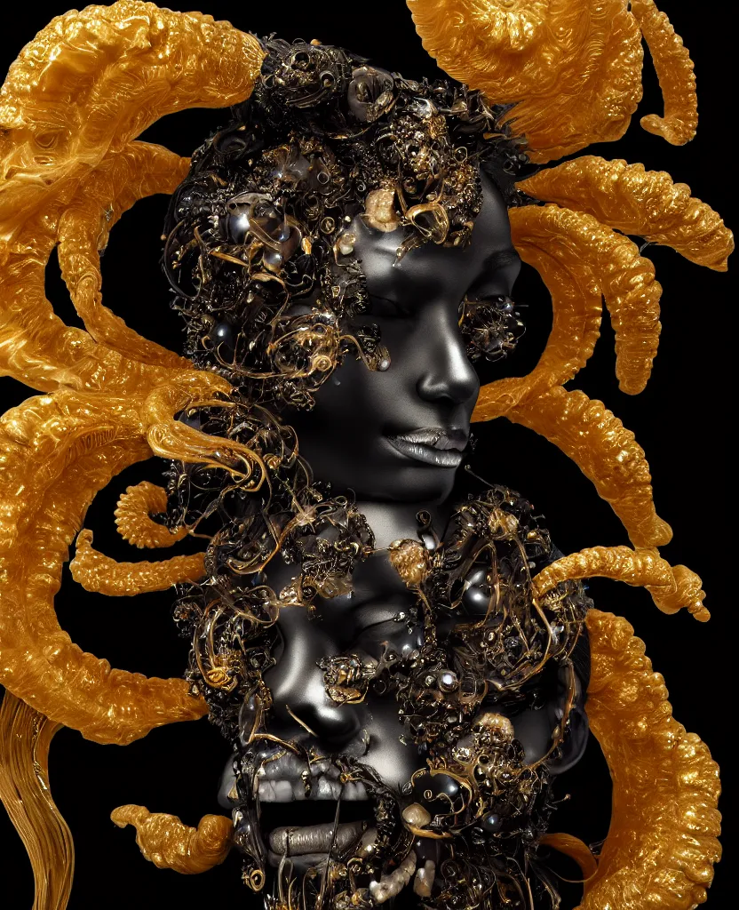 Image similar to black background. goddess princess face close-up portrait ram skull. sculpture made of gold and brilliants. jellyfish phoenix head, nautilus, orchid, skull, betta fish, bioluminiscent creatures, intricate artwork by Tooth Wu and wlop and beeple. octane render, trending on artstation, greg rutkowski very coherent symmetrical artwork. cinematic, hyper realism, high detail, octane render, 8k