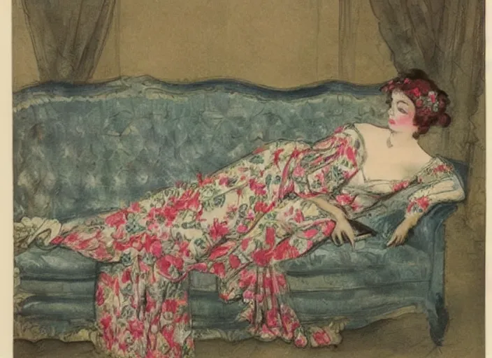 Prompt: Louis Icart, an old elaborate colored drawing of a woman laying eloquently on a sofa, wearing flowing dress with floral motifs, by Louis Icart, highly detailed, masterpiece