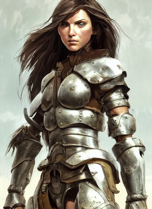 Prompt: a professionally painting of an attractive young girl, partially clothed in battle armor, olive skin, long dark hair, beautiful bone structure, perfectly proportioned, symmetrical facial features, intricate, elegant, heroic pose, digital painting, concept art, smooth, sharp focus, finely detailed, beautifully framed, from Metal Gear, in the style of Greg Rutkowski and William-Adolphe Bouguerea, trending on Artstation, award winning