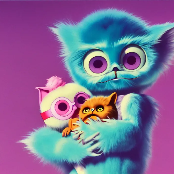 Prompt: 1 9 7 5 color animation film - cel of a girl with her pet furbys, oil painted onto transparent glass by ross tran, katsuhiro otomo, yoshitaka amano, and artgerm. 3 d shadowing effect!!!, 8 k resolution!!!